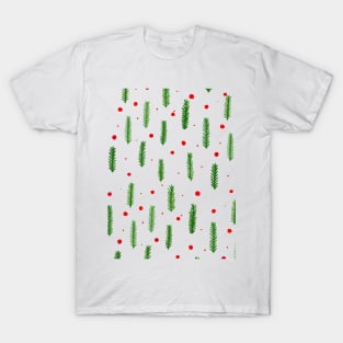 Christmas branches and dots - green and red T-Shirt